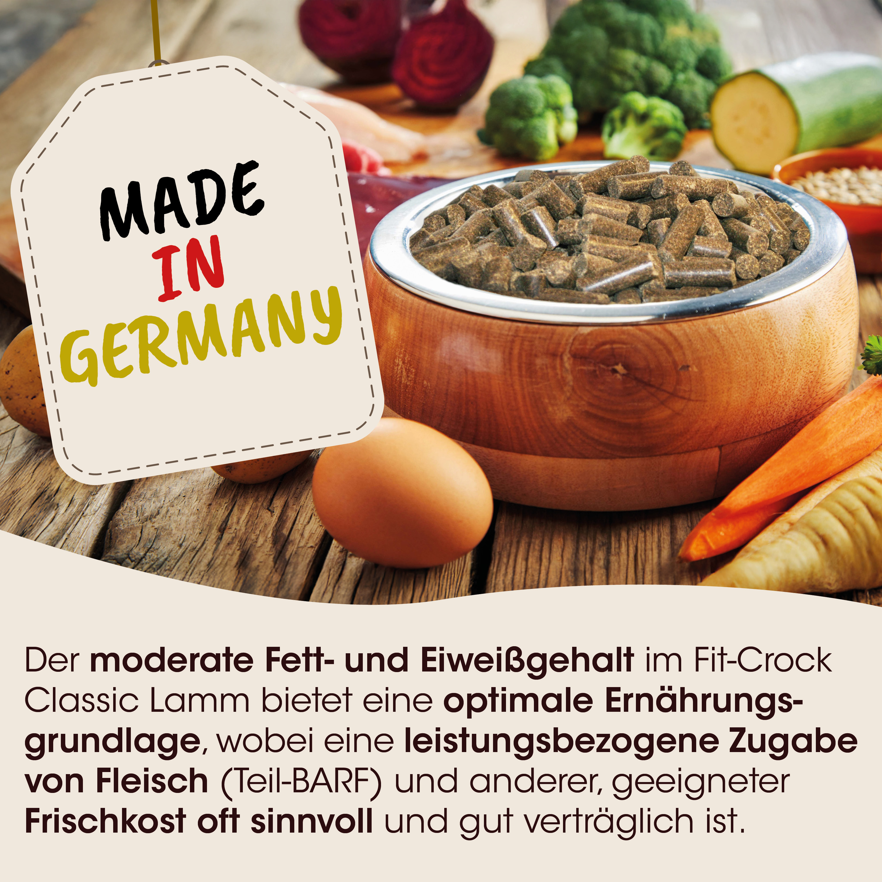 Trockenfutter, Hundefutter, Knochenform, Holzschüssel, Made in Germany